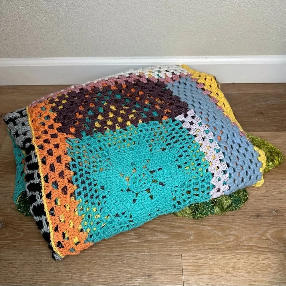 Large Handmade Granny Long Crochet Boho Multicolor Throw Blanket